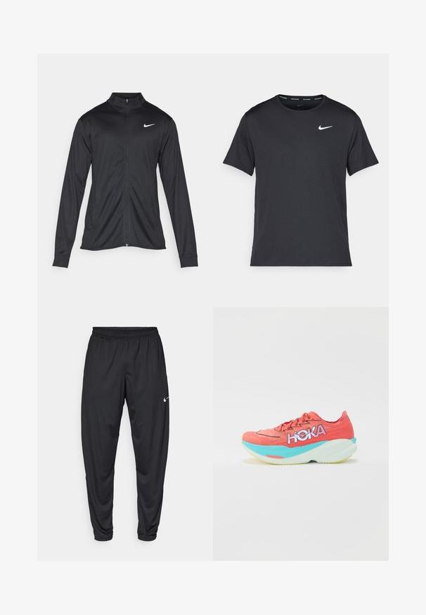 Črna atletska jakna z dolgimi rokavi, ovratnikom in polnim zadrgo. Vključuje diskreten bel Nike logotip na zgornjem levem delu prsnega koša. Gladka tekstura.; Črna tekaška majica Nike, izdelana iz lahkega in zračnega materiala, z kratkimi rokavi in majhnim belim logotipom na prsih.; Črne športne hlače z elastičnim pasom, z ozkimi nogami in majhnim belim logotipom Nike na levem stegnu. Gladek material, brez vzorcev.; Roza tekaška obutev HOKA ima prezračevalni mrežasti zgornji del, svetlo modro srednje plast, rumen podplat in izstopajoč logotip na strani.