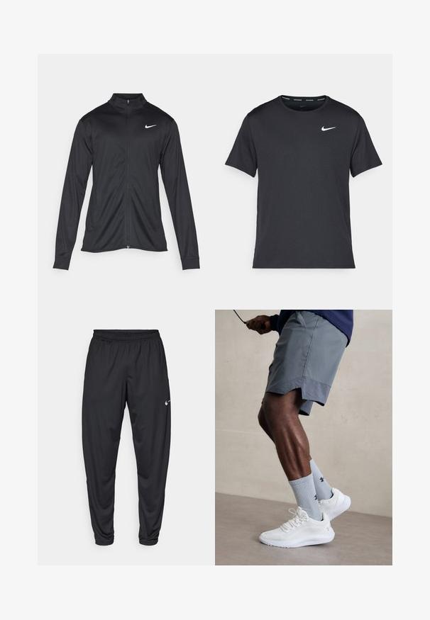 Svart idrettsjakke med lange ermer, krage og full glidelås. Har en subtil Nike-logo i hvitt på øvre venstre bryst. Glatt tekstur.; Svart Nike løpe-T-skjorte laget av lett, pustende stoff, med korte ermer og en liten hvit logo på brystet.; Svarte treningbukser med elastisk midje, avsmalnende ben og en liten hvit Nike-logo på venstre lår. Glatt stoff, ingen mønstre.; Hvite treningssko med teksturert mesh-overdel, kombinert med lyseblå ribbestrikkede sokker med logo. Grå treningsshorts med perforert kant.
