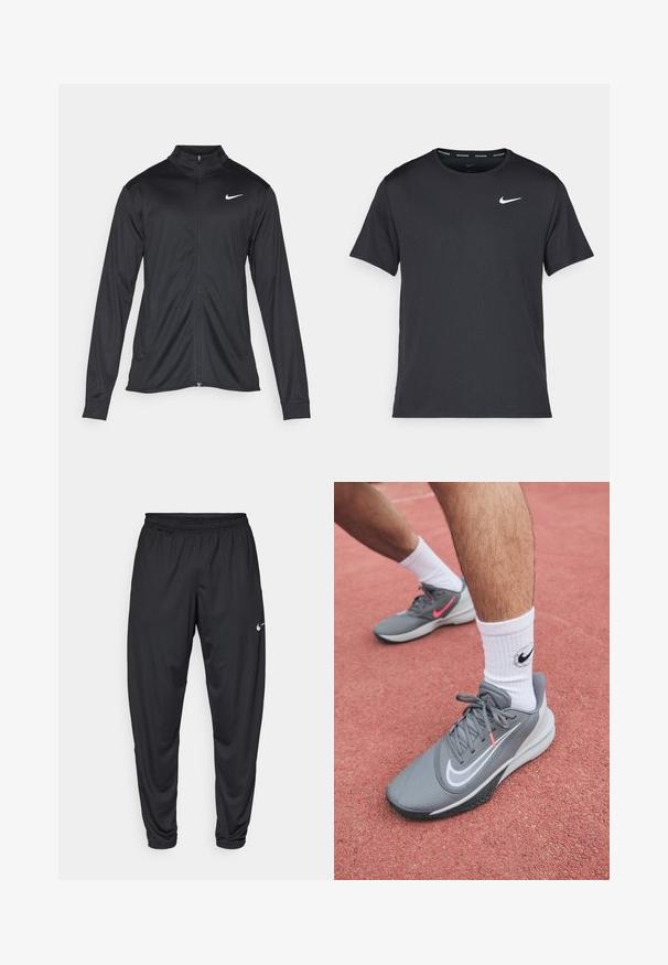 Zwarte sportjack met lange mouwen, kraag en volle rits. Voorzien van een subtiele Nike-logo in het wit op de bovenste linkerborst. Soepele textuur.; Zwarte Nike hardloop T-shirt gemaakt van lichtgewicht, ademend materiaal, met korte mouwen en een klein wit logo op de borst.; Zwarte sportbroeken met een elastische tailleband, taps toelopende pijpen en een klein wit Nike-logo op de linker bovenbeen. Glad stof, zonder patronen.; Grijze sport schoenen hebben een bovenwerk van mesh, een witte swoosh logo, en een gestructureerde zwarte rubberen zool. Gecombineerd met witte kousen tot aan de kuiten.