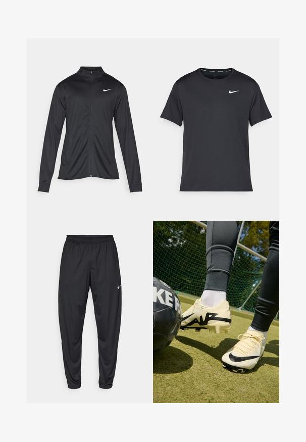 Giacca sportiva nera con maniche lunghe, colletto e zip completa. Presenta un logo Nike in bianco sulla parte superiore del lato sinistro del petto. Tessuto morbido.; Maglietta da corsa Nike nera realizzata in materiale leggero e traspirante, con maniche corte e un piccolo logo bianco sul petto.; Pantaloni sportivi neri con elastico in vita, gambe affusolate e un piccolo logo bianco Nike sulla coscia sinistra. Tessuto liscio, senza fantasie.; Scarpe da calcio Nike in crema con accenti neri, tomaia testurizzata, logo prominente e tacchetti conici. Palla da calcio nera nelle vicinanze su una superficie erbosa.