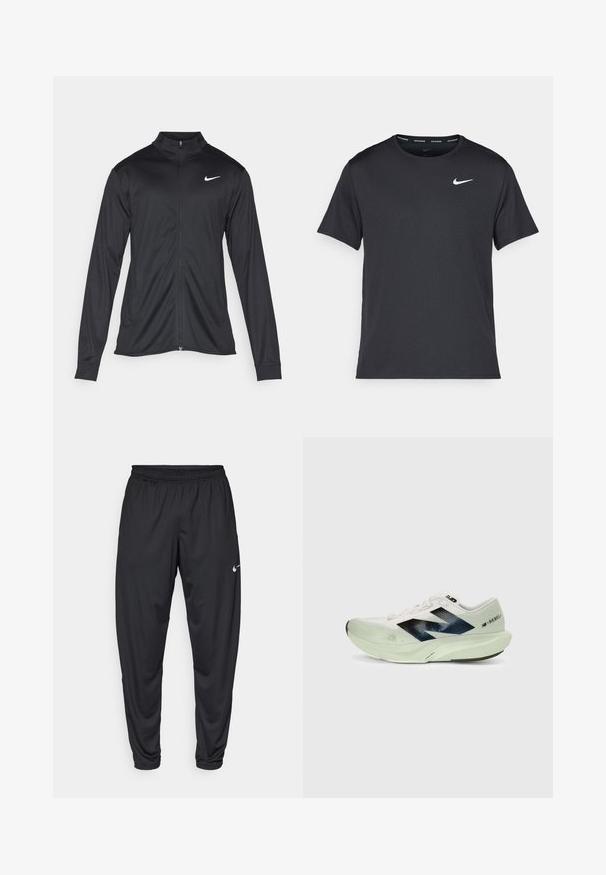 Jacket desportivo preto com mangas longas, colarinho e fecho zip completo. Apresenta um discreto logotipo da Nike em branco na parte superior do lado esquerdo do peito. Textura suave.; T-shirt de corrida Nike preto, feito de material leve e respirável, com mangas curtas e um pequeno logo branco no peito.; Calças de atletismo pretas com um cós elástico, pernas afuniladas e um pequeno logo branco da Nike na coxa esquerda. Tecido liso, sem padrões.; Sapatilha de corrida branca com um cabedal de malha translúcida, detalhes em azul-marinho e uma entressola verde-claro. Apresenta uma sola acolchoada para maior conforto.