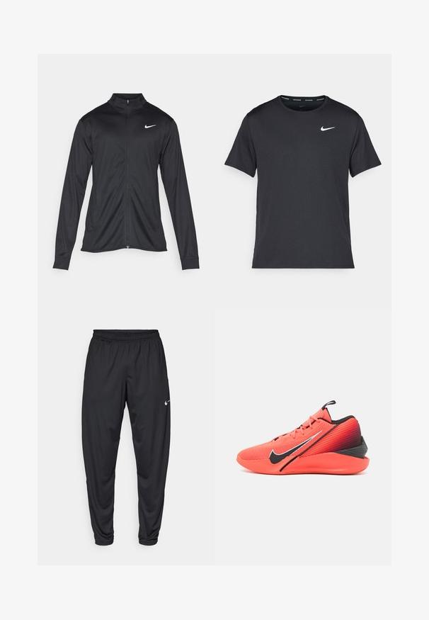 Juodas sportinis švarkas su ilgomis rankovėmis, apykakle ir pilnu užtrauktuku. Yra subtilus baltas Nike logotipas kairėje krūtinės pusėje. Lygus tekstūra.; Juodas Nike bėgimo marškinėlis, pagamintas iš lengvos, kvėpuojančios medžiagos, turintis trumpas rankoves ir mažą baltą logotipą ant krūtinės.; Juodos sportinės kelnės su elastine juosta, siaurėjančiomis kojomis ir mažu baltu Nike logotipu kairėje šlaunyje. Sklandus audinys, be raštų.; Sportiniai batai su ryškiai raudona viršutine dalimi, tekstūruota orui pralaidžia medžiaga, juodais akcentais ir kontrastingu pado dizainu. Įtrauktas swoosh logotipas.