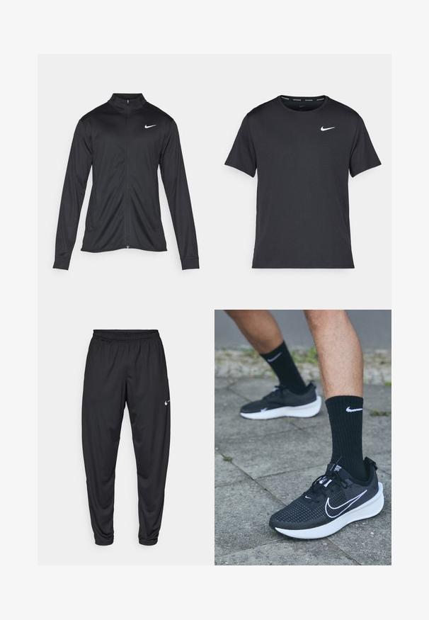 Veste de sport noire à manches longues, avec col et fermeture éclair intégrale. Présente un logo Nike subtil en blanc sur le côté supérieur gauche de la poitrine. Texture lisse.; T-shirt de course noir Nike en matériau léger et respirant, avec des manches courtes et un petit logo blanc sur la poitrine.; Pantalon de sport noir avec une taille élastique, des jambes fuselées et un petit logo Nike blanc sur la cuisse gauche. Tissu lisse, sans motifs.; Nike Performance INTERACT RUN - Chaussures de running - black/white/anthracite
