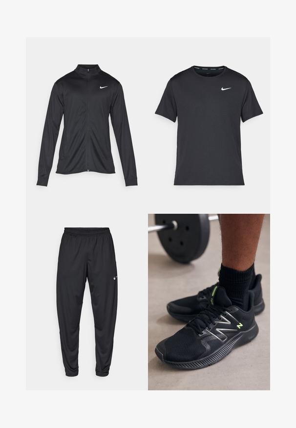 Svart idrottsjacka med långa ärmar, krage och full dragkedja. Har en diskret Nike-logga i vitt på övre vänstra bröstet. Slät yta.; Svart Nike löpeshirt i lätt, andningsbart material, med korta ärmar och en liten vit logotyp på bröstet.; Svarta träningsbyxor med elastisk midja, smalnande ben och en liten vit Nike-logga på vänster lår. Slät tyg, utan mönster.; Svarta fritidsskor i mesh och syntetiska material, med reflekterande detaljer och en gummiyttersula med texturerat grepp.