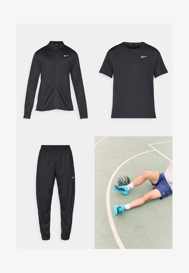 Czarna sportowa kurtka z długimi rękawami, kołnierzem i pełnym zamkiem. Posiada subtelne logo Nike w białym kolorze na lewej górnej części klatki piersiowej. Gładka tekstura.; Czarna koszulka do biegania Nike z lekkiego, oddychającego materiału, z krótkimi rękawami i małym białym logo na piersi.; Czarne spodenki sportowe z elastycznym paskiem w talii, zwężanymi nogawkami i małym, białym logo Nike na lewej udzie. Gładki materiał, bez wzorów.; Turkusowe buty sportowe z czarnymi i niebieskimi akcentami, szorty i białe skarpetki, siedzące na zielonym boisku z czarną piłką do koszykówki w pobliżu.