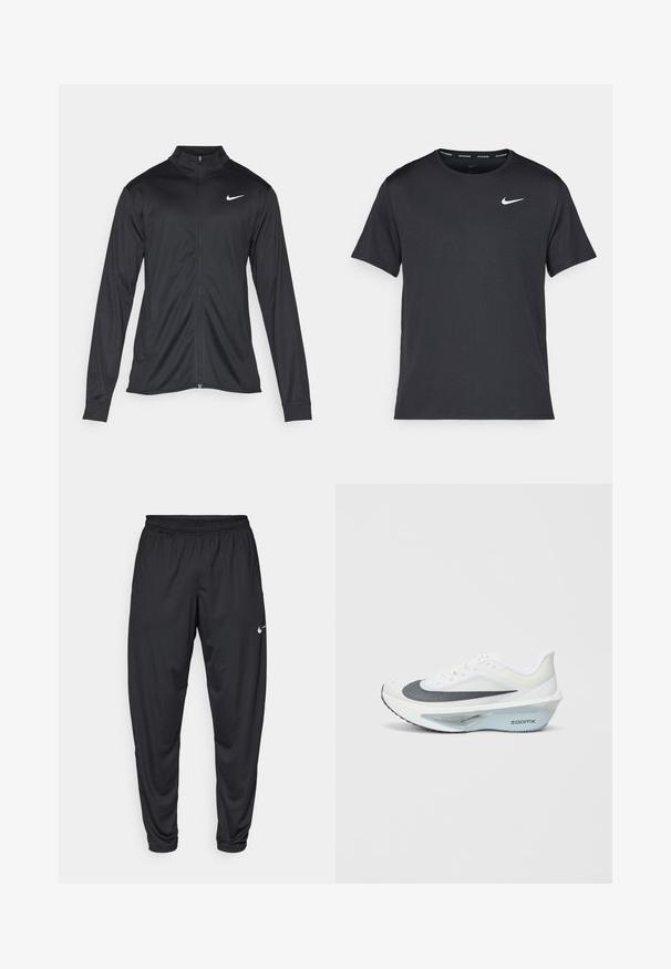 Jachetă sportivă neagră cu mâneci lungi, guler și fermoar complet. Prezintă un logo Nike subtil, alb, pe pieptul din stânga sus. Textură netedă.; Tricou de alergare Nike negru, fabricat dintr-un material ușor și respirabil, cu mâneci scurte și un mic logo alb pe piept.; Pantaloni atletici negri cu un elastic la talie, picioare conice și un mic logo alb Nike pe coapsa stângă. Material neted, fără modele.; Pantofii sport albi cu partea superioară din plasă gri, o talpă intermediară din spumă ZoomX albastră și o talpă exterioară curbată pentru un impuls și un confort îmbunătățit.