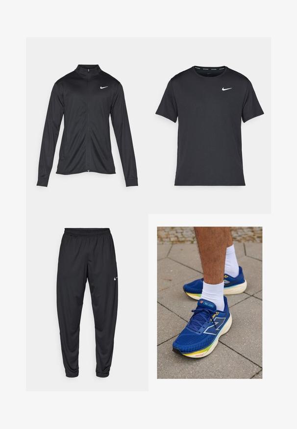 Must värvi sportlik jakk pikkade varrukatega, krae ja täispikk tõmblukk. Ülemises vasakus rinnas on diskreetne valge Nike logo. Sile tekstuur.; Mustamust Nike'i jooksupaita, mis on valmistatud kergest ja hingavast materjalist, lühikeste varrukatega ja mille rinnal on väike valge logo.; Mustad sportpüksid elastse vöökoha, kitsenevate jalgade ja väikese valge Nike logo'ga vasakul reitel. Sile kangas, ilma mustriteta.; Sinised spordijalatsid, millel on võrgutüüp ülemine osa, peegeldavad detailid, valged paelad ja mitme värviga pehmendatud tallad. Kandmine valgete sokkidega.