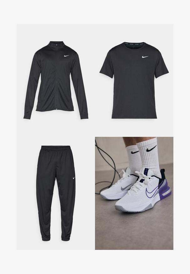 Veste de sport noire à manches longues, avec col et fermeture éclair intégrale. Présente un logo Nike subtil en blanc sur le côté supérieur gauche de la poitrine. Texture lisse.; T-shirt de course noir Nike en matériau léger et respirant, avec des manches courtes et un petit logo blanc sur la poitrine.; Pantalon de sport noir avec une taille élastique, des jambes fuselées et un petit logo Nike blanc sur la cuisse gauche. Tissu lisse, sans motifs.; Baskets de sport blanches avec dessus en mesh, accents violets et semelle grise. Portées avec des chaussettes blanches côtelées avec un logo noir. Un cordon est à proximité.