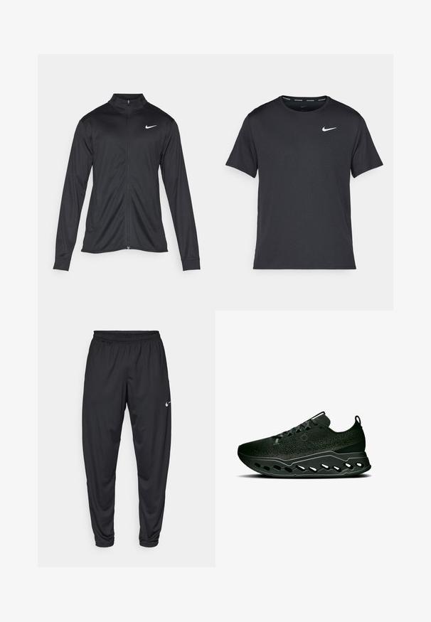 Veste de sport noire à manches longues, avec col et fermeture éclair intégrale. Présente un logo Nike subtil en blanc sur le côté supérieur gauche de la poitrine. Texture lisse.; T-shirt de course noir Nike en matériau léger et respirant, avec des manches courtes et un petit logo blanc sur la poitrine.; Pantalon de sport noir avec une taille élastique, des jambes fuselées et un petit logo Nike blanc sur la cuisse gauche. Tissu lisse, sans motifs.; On CLOUDSURFER MAX - Chaussures de running sur route - black eclipse