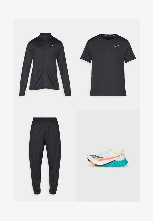 Veste de sport noire à manches longues, avec col et fermeture éclair intégrale. Présente un logo Nike subtil en blanc sur le côté supérieur gauche de la poitrine. Texture lisse.; T-shirt de course noir Nike en matériau léger et respirant, avec des manches courtes et un petit logo blanc sur la poitrine.; Pantalon de sport noir avec une taille élastique, des jambes fuselées et un petit logo Nike blanc sur la cuisse gauche. Tissu lisse, sans motifs.; Chaussure de course blanche avec accents de semelle orange, noire et turquoise, doublure intérieure jaune fluo et tige en mesh sur un fond uni.