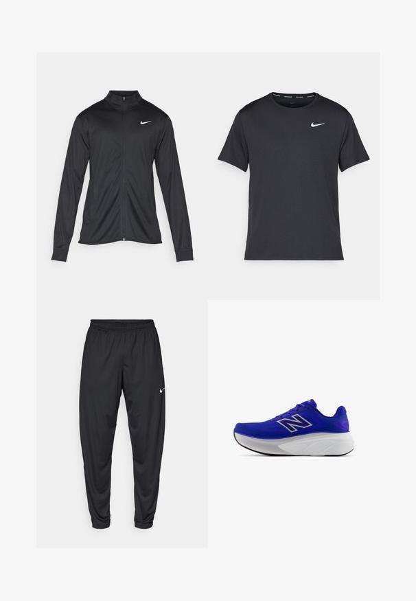 Must värvi sportlik jakk pikkade varrukatega, krae ja täispikk tõmblukk. Ülemises vasakus rinnas on diskreetne valge Nike logo. Sile tekstuur.; Mustamust Nike'i jooksupaita, mis on valmistatud kergest ja hingavast materjalist, lühikeste varrukatega ja mille rinnal on väike valge logo.; Mustad sportpüksid elastse vöökoha, kitsenevate jalgade ja väikese valge Nike logo'ga vasakul reitel. Sile kangas, ilma mustriteta.; Lilad spordijalatsid hingava võrgust pealisega, kumer valge vaheosa ja musta tallaga. Küljel hõbedane logo aksent.