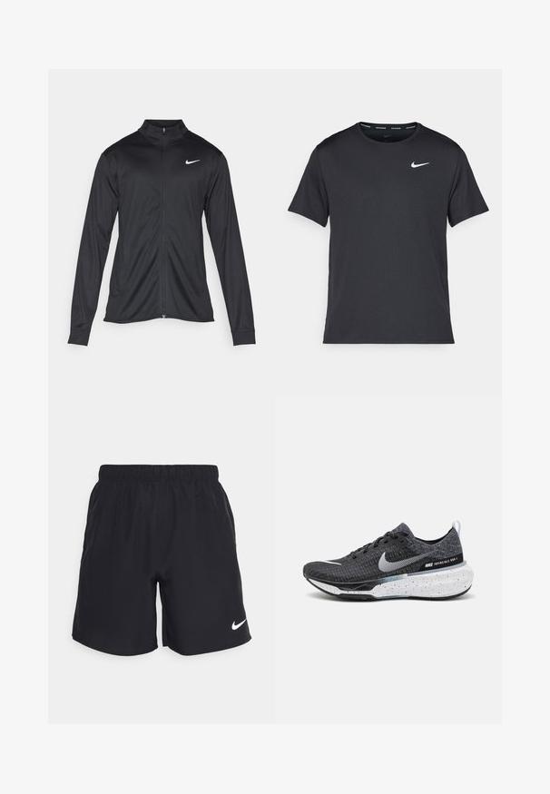 Fekete sportdzseki hosszú ujjal, gallérral és teljes cipzárral. Diszkrét fehér Nike logóval az upper bal mellen. Sima textúra.; Fekete Nike futó póló, könnyű, légáteresztő anyagból készült, rövid ujjú, és a mellkasán egy kicsi fehér logó található.; Fekete sportnadrág könnyű anyagból, rugalmas derékkal és fehér Nike logóval a bal alsó lábszáron.; A Nike Invincible Run 3 fekete kötött felsőrésszel, fehér logóval, pettyes fehér talppal és kényelmes viseletre tervezett párnázott formával rendelkezik.