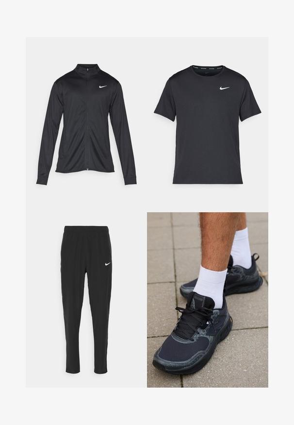 Zwarte sportjack met lange mouwen, kraag en volle rits. Voorzien van een subtiele Nike-logo in het wit op de bovenste linkerborst. Soepele textuur.; Zwarte Nike hardloop T-shirt gemaakt van lichtgewicht, ademend materiaal, met korte mouwen en een klein wit logo op de borst.; Zwarte sportbroek gemaakt van lichtgewicht stof, met een elastische tailleband en een wit Nike-logo op de linkerdij.; New Balance FRESH FOAM X HIERRO V8 - Trail hardloopschoenen - black
