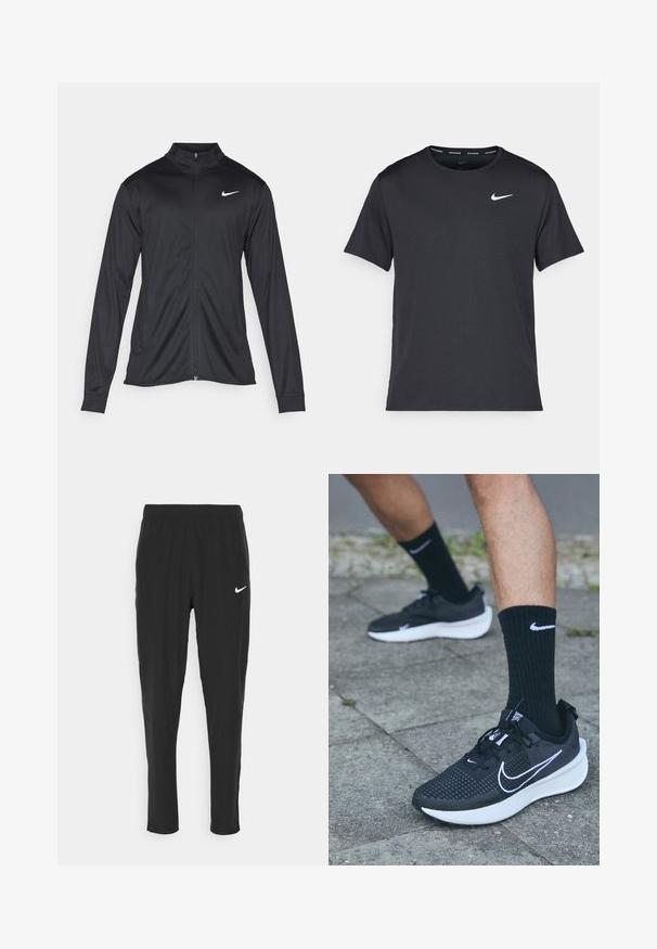 Giacca sportiva nera con maniche lunghe, colletto e zip completa. Presenta un logo Nike in bianco sulla parte superiore del lato sinistro del petto. Tessuto morbido.; Maglietta da corsa Nike nera realizzata in materiale leggero e traspirante, con maniche corte e un piccolo logo bianco sul petto.; Pantaloni sportivi neri realizzati in tessuto leggero, con vita elasticizzata e logo Nike bianco sulla coscia sinistra.; Nike Performance INTERACT RUN - Scarpe da trail running - black/white/anthracite
