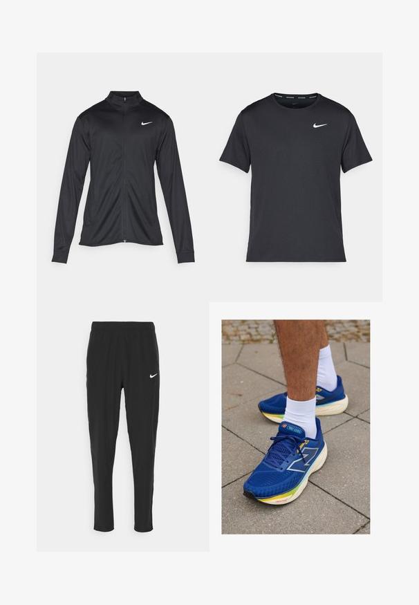Giacca sportiva nera con maniche lunghe, colletto e zip completa. Presenta un logo Nike in bianco sulla parte superiore del lato sinistro del petto. Tessuto morbido.; Maglietta da corsa Nike nera realizzata in materiale leggero e traspirante, con maniche corte e un piccolo logo bianco sul petto.; Pantaloni sportivi neri realizzati in tessuto leggero, con vita elasticizzata e logo Nike bianco sulla coscia sinistra.; Scarpe sportive blu con tomaia in mesh, dotate di dettagli riflettenti, lacci bianchi e suola imbottita in diversi colori. Indossate con calze bianche.