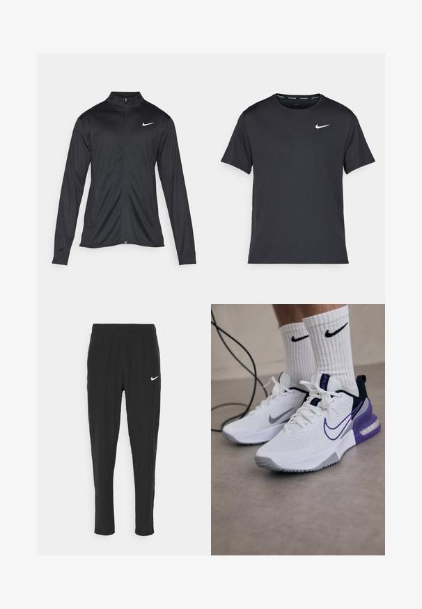 Black athletic jacket with long sleeves, collar, and full zipper. Features a subtle Nike logo in white on the upper left chest. Smooth texture.; Black Nike running T-shirt made of lightweight, breathable material, featuring short sleeves and a small white logo on the chest.; Black athletic pants made of lightweight fabric, featuring an elastic waistband and a white Nike logo on the left thigh.; White athletic shoes with mesh upper, purple accents, and gray sole. Worn with white ribbed socks featuring a black logo. A cord is nearby.