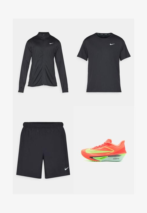 Jachetă sportivă neagră cu mâneci lungi, guler și fermoar complet. Prezintă un logo Nike subtil, alb, pe pieptul din stânga sus. Textură netedă.; Tricou de alergare Nike negru, fabricat dintr-un material ușor și respirabil, cu mâneci scurte și un mic logo alb pe piept.; Pantaloni scurți atletici negri, fabricați dintr-un material ușor, cu un talie elastică. Au un mic logo alb Nike în partea stângă jos.; Pantofii de alergare au un design strident, cu un superior portocaliu aprins, accente verzi neon, un design aerodinamic și o talpă distinctivă gri și verde, etichetați "ZOOMX."