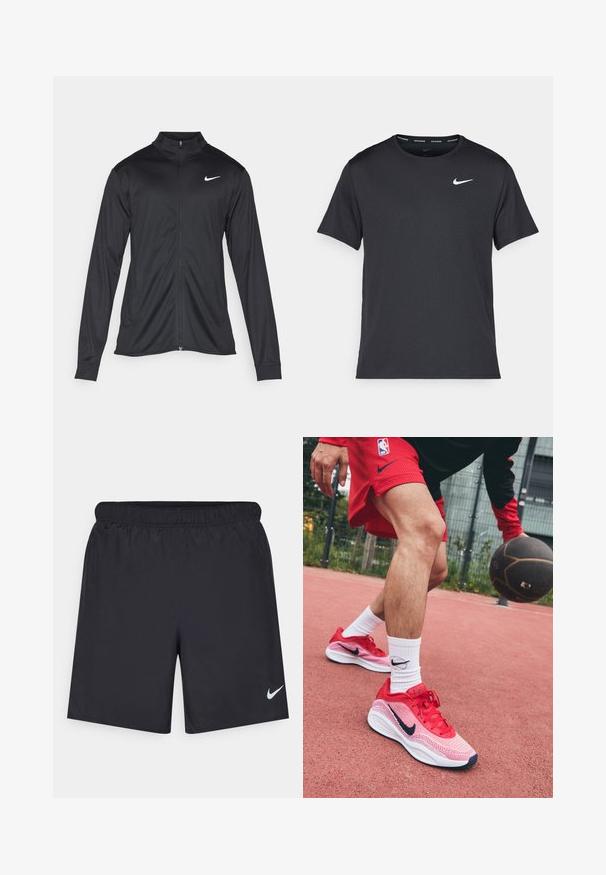 Giacca sportiva nera con maniche lunghe, colletto e zip completa. Presenta un logo Nike in bianco sulla parte superiore del lato sinistro del petto. Tessuto morbido.; Maglietta da corsa Nike nera realizzata in materiale leggero e traspirante, con maniche corte e un piccolo logo bianco sul petto.; Shorts sportivi neri realizzati in materiale leggero con vita elastica. Presentano un piccolo logo Nike bianco sul lato sinistro in basso.; Scarpe da basket leggere rosse con design in mesh e accenti in blu navy contrastanti, abbinate a calze bianche con un logo nero.