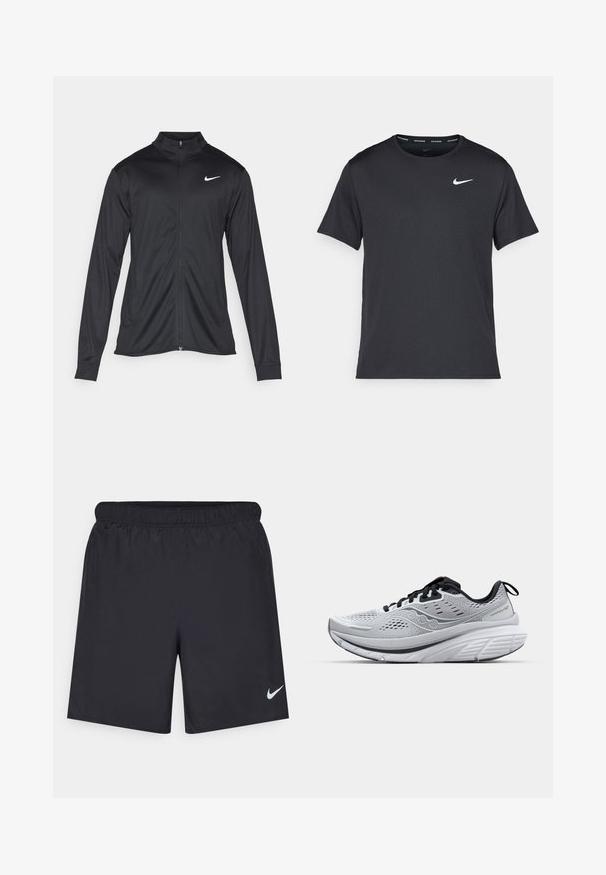 Crna sportska jakna s dugim rukavima, ovratnikom i punim patentnim zatvaračem. Ima suptilan Nike logo u bijeloj boji na gornjem lijevom dijelu prsne oznake. Glatka tekstura.; Crna Nike majica za trčanje napravljena od laganog, prozračnog materijala, s kratkim rukavima i malim bijelim logotipom na prsima.; Crne atletske kratke hlače od laganog materijala s elastičnom tačkom. Imaju mali bijeli Nike logo na donjoj lijevoj strani.; Lagana trkačka obuća od sive mrežice, s podstavljenim ovratnikom, crnim akcentima i debelim bijelim srednjim slojem s teksturiranom potplatom za prianjanje.
