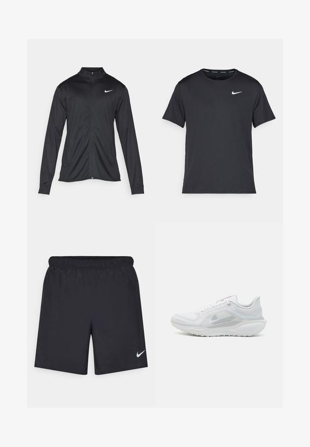 Jachetă sportivă neagră cu mâneci lungi, guler și fermoar complet. Prezintă un logo Nike subtil, alb, pe pieptul din stânga sus. Textură netedă.; Tricou de alergare Nike negru, fabricat dintr-un material ușor și respirabil, cu mâneci scurte și un mic logo alb pe piept.; Pantaloni scurți atletici negri, fabricați dintr-un material ușor, cu un talie elastică. Au un mic logo alb Nike în partea stângă jos.; Pantofii sport albi cu plasă pe partea superioară, accente gri și talpă texturată. Prezintă șireturi rotunde și o intersole căptușită pentru suport.