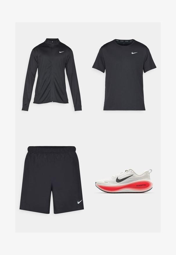 Juodas sportinis švarkas su ilgomis rankovėmis, apykakle ir pilnu užtrauktuku. Yra subtilus baltas Nike logotipas kairėje krūtinės pusėje. Lygus tekstūra.; Juodas Nike bėgimo marškinėlis, pagamintas iš lengvos, kvėpuojančios medžiagos, turintis trumpas rankoves ir mažą baltą logotipą ant krūtinės.; Juodos sportinės šortai, pagaminti iš lengvos medžiagos, su elastingu juosmeniu. Ant apatinės kairės pusės yra mažas baltas Nike logotipas.; Nike bėgimo batai su balta megzta viršutine dalimi, juodu swoosh ženklu ir storesne raudona bei balta paminkštinta padais, pažymėtu "ZOOMX". Juodesnė sukibimo išorinė padais.