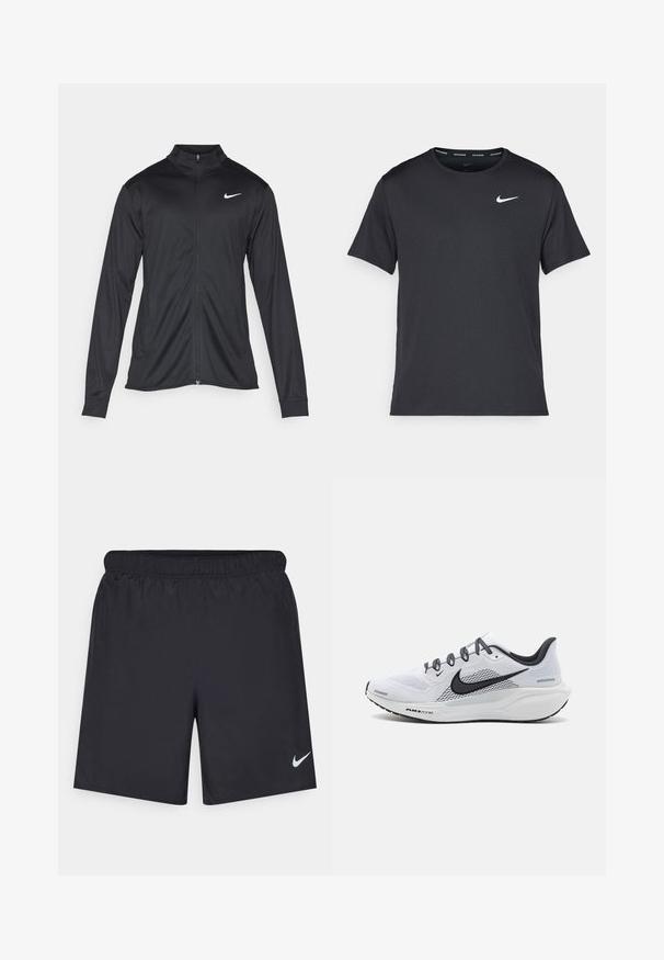 Must värvi sportlik jakk pikkade varrukatega, krae ja täispikk tõmblukk. Ülemises vasakus rinnas on diskreetne valge Nike logo. Sile tekstuur.; Mustamust Nike'i jooksupaita, mis on valmistatud kergest ja hingavast materjalist, lühikeste varrukatega ja mille rinnal on väike valge logo.; Mustad mustikud lühikesed püksid, mis on valmistatud kergest materjalist ja millel on elastne vöökoht. Alumisel vasakul küljel on väike valge Nike logo.; Valge võrklaadne jooksujalats mustade aktsentidega, mis sisaldab pehmendatud vahevööndit, tekstureeritud tallat ning peegelduvaid kinganööre parema nähtavuse tagamiseks.