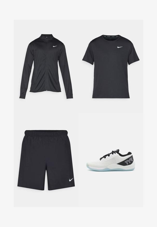 Jacket desportivo preto com mangas longas, colarinho e fecho zip completo. Apresenta um discreto logotipo da Nike em branco na parte superior do lado esquerdo do peito. Textura suave.; T-shirt de corrida Nike preto, feito de material leve e respirável, com mangas curtas e um pequeno logo branco no peito.; Calças de desporto pretas feitas de material leve com uma cintura elástica. Apresenta um pequeno logótipo branco da Nike no canto inferior esquerdo.; TYR CXT2 - Sapatilha de treino - black/white/blue