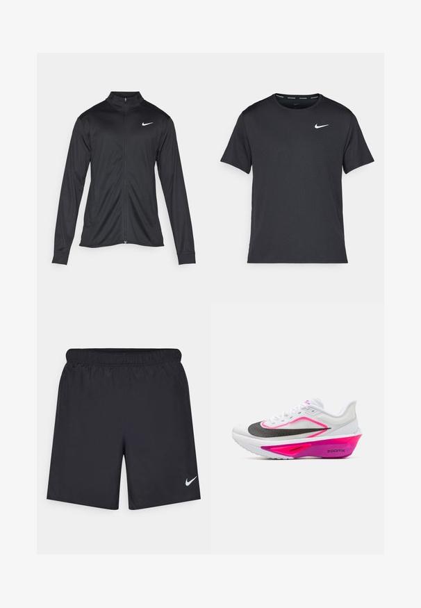 Melna sporta jaka ar garām piedurknēm, apkakli un pilnu rāvējslēdzēju. Uz kreisā krūts augšdaļas ir maigs Nike logo baltā krāsā. Gluda tekstūra.; Melna Nike skriešanas T-kreklā, kas izgatavots no viegla un elpojoša materiāla, ar īsām piedurknēm un mazu baltu logo uz krūtīm.; Melnas sporta šorti, izgatavoti no viegla materiāla, ar elastīgu jostu. Uz apakšējā kreisā stūra ir neliels balts Nike logo.; Nike Performance ZOOM FLY 6 - Apavi skriešanai pa asfaltu - white/black/vivid grape/hyper pink/hydrangeas/dark raisin