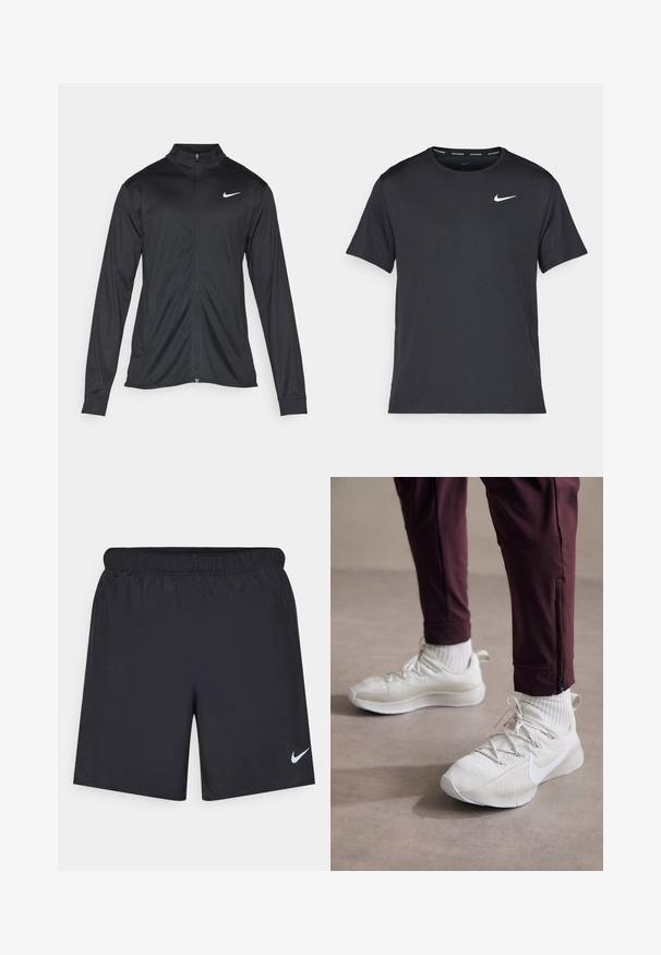 Zwarte sportjack met lange mouwen, kraag en volle rits. Voorzien van een subtiele Nike-logo in het wit op de bovenste linkerborst. Soepele textuur.; Zwarte Nike hardloop T-shirt gemaakt van lichtgewicht, ademend materiaal, met korte mouwen en een klein wit logo op de borst.; Zwarte sportshorts gemaakt van lichtgewicht materiaal met een elastische tailleband. Voorzien van een klein wit Nike-logo aan de onderzijde aan de linkerkant.; Witte sportschoenen met een gestructureerd oppervlak, voorzien van grijze accenten, platte veters en het Nike-logo, gecombineerd met bordeauxrode sportbroeken en witte sokken.