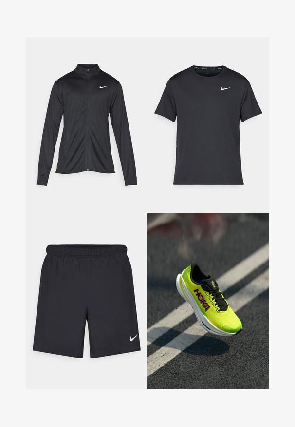 Zwarte sportjack met lange mouwen, kraag en volle rits. Voorzien van een subtiele Nike-logo in het wit op de bovenste linkerborst. Soepele textuur.; Zwarte Nike hardloop T-shirt gemaakt van lichtgewicht, ademend materiaal, met korte mouwen en een klein wit logo op de borst.; Zwarte sportshorts gemaakt van lichtgewicht materiaal met een elastische tailleband. Voorzien van een klein wit Nike-logo aan de onderzijde aan de linkerkant.; Hoka hardloopschoen met een fel neongele mesh bovenkant, zwarte accenten en een witte tussenzool, met een gestroomlijnd ontwerp en een gestructureerd oppervlak.