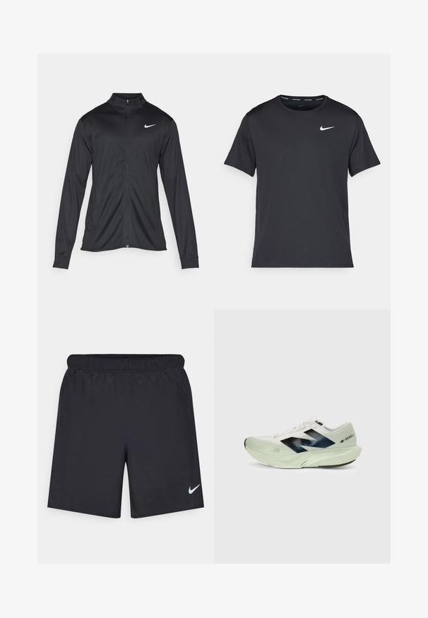 Svart idrettsjakke med lange ermer, krage og full glidelås. Har en subtil Nike-logo i hvitt på øvre venstre bryst. Glatt tekstur.; Svart Nike løpe-T-skjorte laget av lett, pustende stoff, med korte ermer og en liten hvit logo på brystet.; Svart sportskjørt laget av lett materiale med elastisk linning. Har en liten hvit Nike-logo nederst til venstre.; Hvit løpesko med gjennomsiktig mesh-overdel, marineblå detaljer og en lys grønn mellomsåle. Har en polstret såle for komfort.