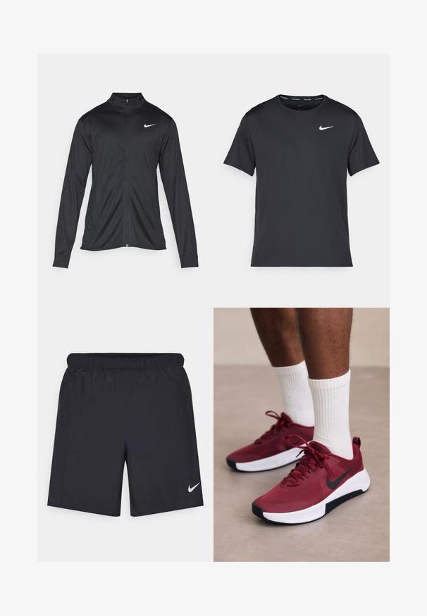 Black athletic jacket with long sleeves, collar, and full zipper. Features a subtle Nike logo in white on the upper left chest. Smooth texture.; Black Nike running T-shirt made of lightweight, breathable material, featuring short sleeves and a small white logo on the chest.; Black athletic shorts made of lightweight material with an elastic waistband. Features a small white Nike logo on the lower left side.; Red textured sneakers with a black Nike swoosh, white sole, and black accents, paired with white ribbed socks.