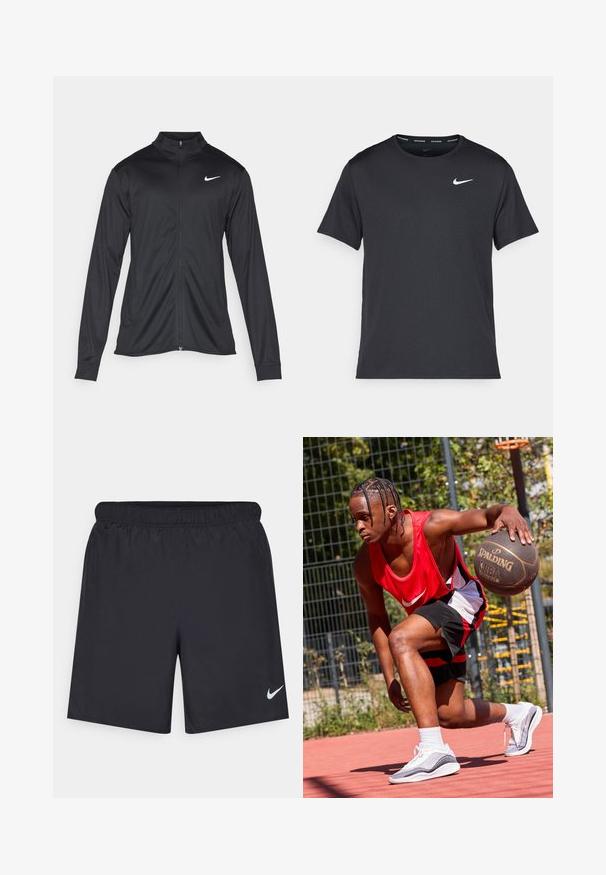 Veste de sport noire à manches longues, avec col et fermeture éclair intégrale. Présente un logo Nike subtil en blanc sur le côté supérieur gauche de la poitrine. Texture lisse.; T-shirt de course noir Nike en matériau léger et respirant, avec des manches courtes et un petit logo blanc sur la poitrine.; Shorts de sport noirs en matériau léger avec une taille élastique. Présente un petit logo Nike blanc sur le bas du côté gauche.; Joueur de basket en débardeur rouge Nike et shorts noirs, dribblant un ballon de basket Spalding sur un terrain rouge. Porte des chaussures de sport blanches.