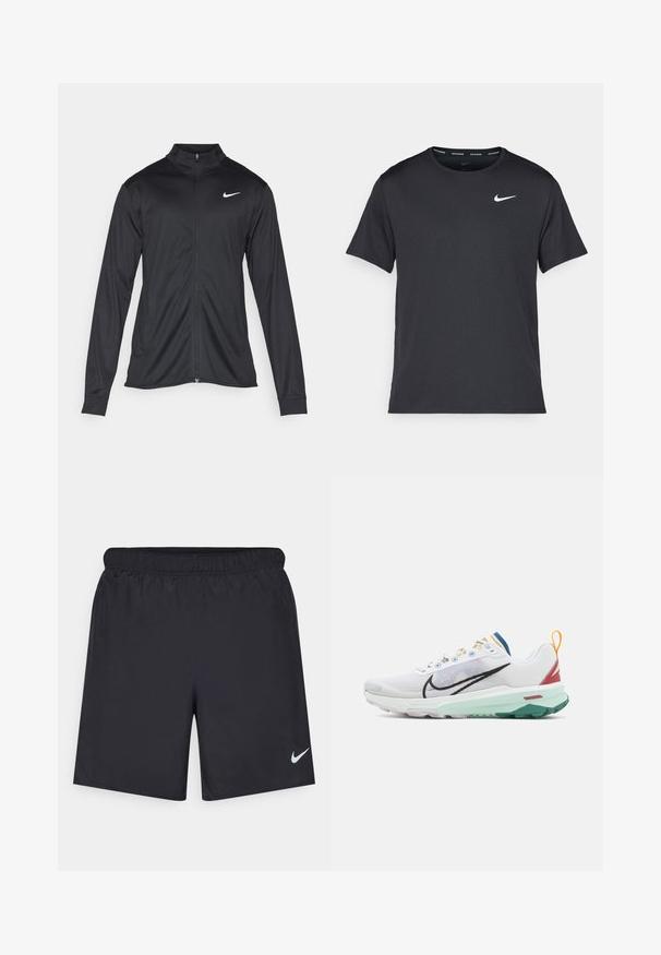 Giacca sportiva nera con maniche lunghe, colletto e zip completa. Presenta un logo Nike in bianco sulla parte superiore del lato sinistro del petto. Tessuto morbido.; Maglietta da corsa Nike nera realizzata in materiale leggero e traspirante, con maniche corte e un piccolo logo bianco sul petto.; Shorts sportivi neri realizzati in materiale leggero con vita elastica. Presentano un piccolo logo Nike bianco sul lato sinistro in basso.; Nike Performance REACT TERRA KIGER 9 - Scarpe da trail running - white/black/court blue/cedar/alabaster