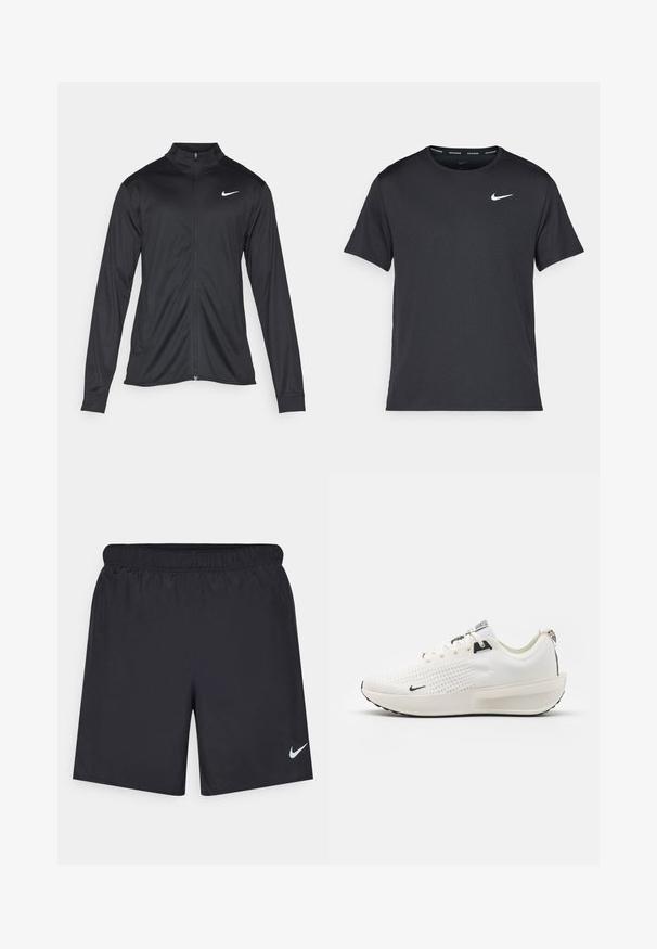 Jacket desportivo preto com mangas longas, colarinho e fecho zip completo. Apresenta um discreto logotipo da Nike em branco na parte superior do lado esquerdo do peito. Textura suave.; T-shirt de corrida Nike preto, feito de material leve e respirável, com mangas curtas e um pequeno logo branco no peito.; Calças de desporto pretas feitas de material leve com uma cintura elástica. Apresenta um pequeno logótipo branco da Nike no canto inferior esquerdo.; Nike Performance INTERACT RUN  - Sapatos para corrida em estrada - sail/black/white/platinum tint
