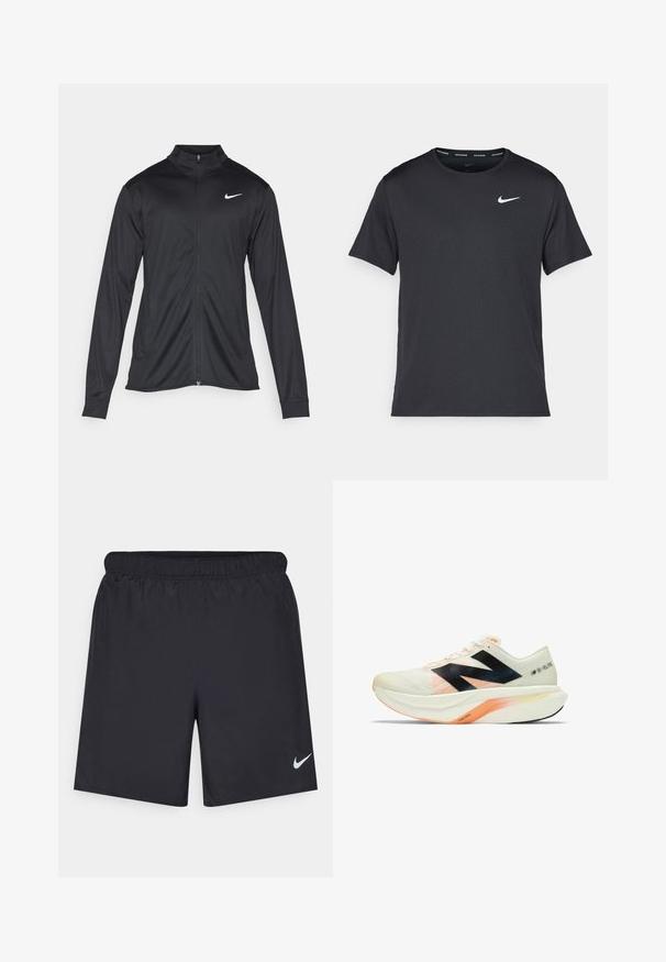 Giacca sportiva nera con maniche lunghe, colletto e zip completa. Presenta un logo Nike in bianco sulla parte superiore del lato sinistro del petto. Tessuto morbido.; Maglietta da corsa Nike nera realizzata in materiale leggero e traspirante, con maniche corte e un piccolo logo bianco sul petto.; Shorts sportivi neri realizzati in materiale leggero con vita elastica. Presentano un piccolo logo Nike bianco sul lato sinistro in basso.; Scarpa da corsa leggera di colore bianco con accenti neri e corallo. Presenta una tomaia traspirante, un'imbottitura pronunciata e una forma aerodinamica e slanciata.