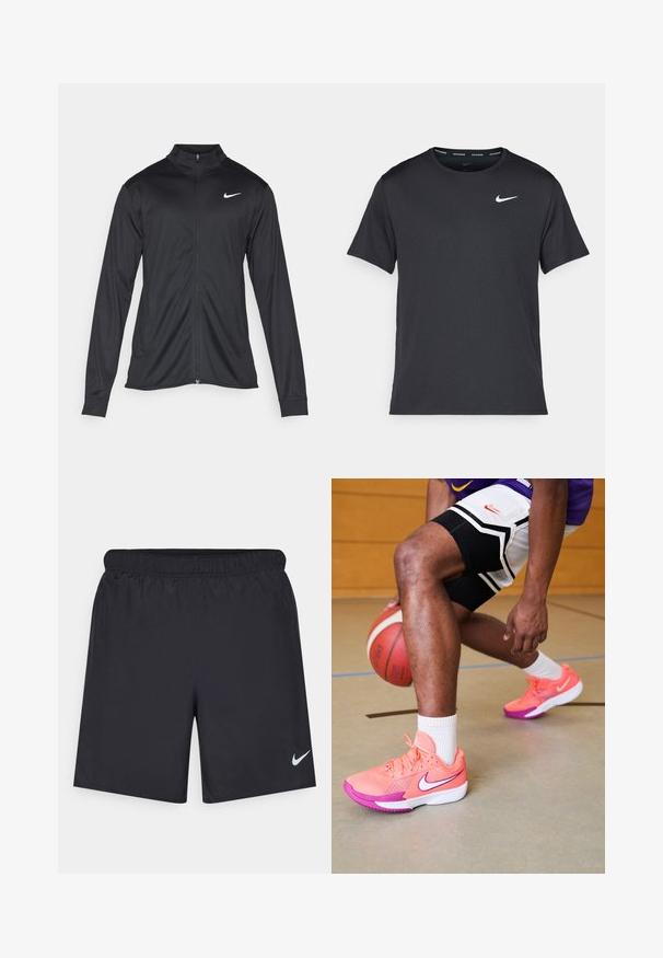 Jachetă sportivă neagră cu mâneci lungi, guler și fermoar complet. Prezintă un logo Nike subtil, alb, pe pieptul din stânga sus. Textură netedă.; Tricou de alergare Nike negru, fabricat dintr-un material ușor și respirabil, cu mâneci scurte și un mic logo alb pe piept.; Pantaloni scurți atletici negri, fabricați dintr-un material ușor, cu un talie elastică. Au un mic logo alb Nike în partea stângă jos.; Pantofi de baschet Nike în roz aprins și mov, cu detalii din plasă, având un logo alb și tălpi texturate, pe un teren de lemn.