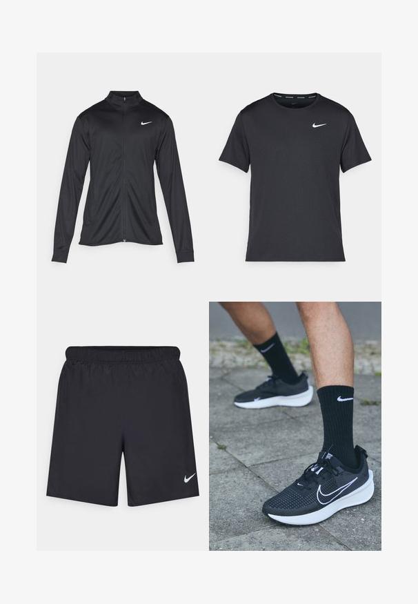 Črna atletska jakna z dolgimi rokavi, ovratnikom in polnim zadrgo. Vključuje diskreten bel Nike logotip na zgornjem levem delu prsnega koša. Gladka tekstura.; Črna tekaška majica Nike, izdelana iz lahkega in zračnega materiala, z kratkimi rokavi in majhnim belim logotipom na prsih.; Črne atletske kratke hlače iz lahkotnega materiala z elastičnim pasom. Imajo majhen bel Nike logo na spodnji levi strani.; Nike Performance INTERACT RUN - Trail tekaški čevlji - black/white/anthracite
