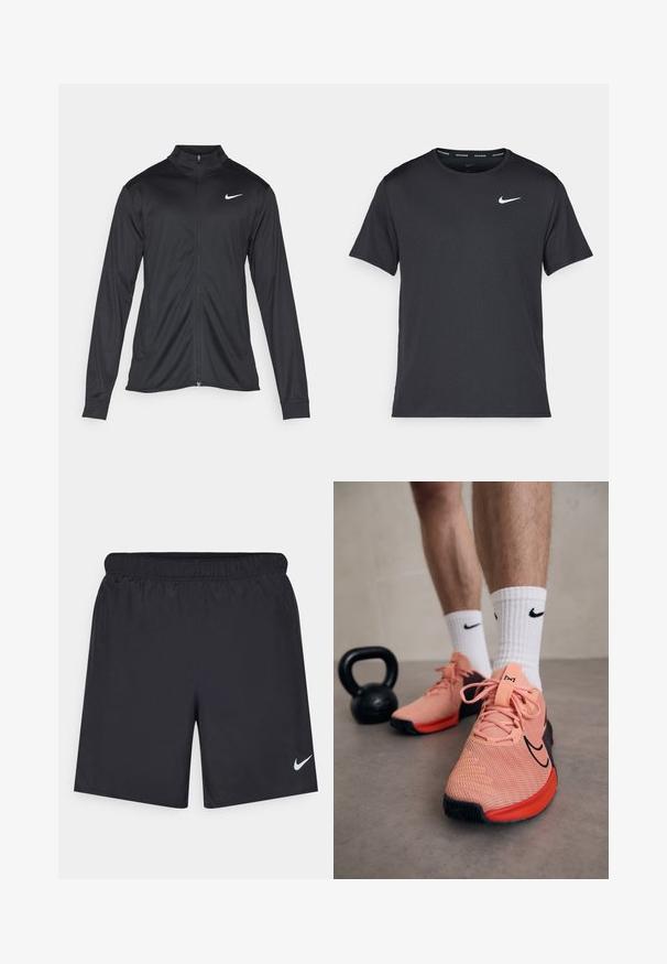 Fekete sportdzseki hosszú ujjal, gallérral és teljes cipzárral. Diszkrét fehér Nike logóval az upper bal mellen. Sima textúra.; Fekete Nike futó póló, könnyű, légáteresztő anyagból készült, rövid ujjú, és a mellkasán egy kicsi fehér logó található.; Fekete sportnadrág könnyű anyagból, rugalmas derékkal. A bal alsó oldalon egy kis fehér Nike-logó található.; Nike sportcipők rózsaszín hálós anyagból, fekete részletekkel. Vastag fűzőkkel, párnázott nyelvvel és mintás talppal rendelkezik. Fehér zoknik logóval. Közeli fekete kettlebell.