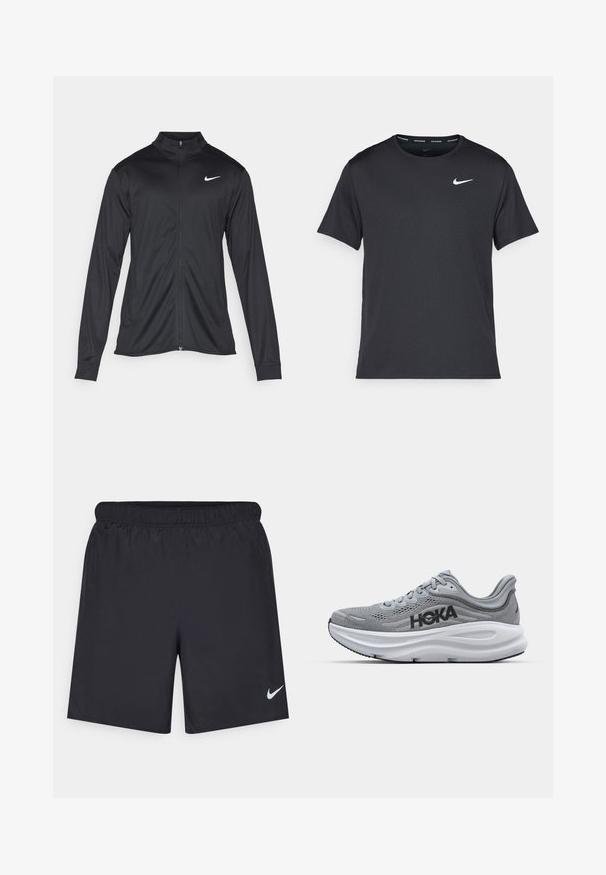 Giacca sportiva nera con maniche lunghe, colletto e zip completa. Presenta un logo Nike in bianco sulla parte superiore del lato sinistro del petto. Tessuto morbido.; Maglietta da corsa Nike nera realizzata in materiale leggero e traspirante, con maniche corte e un piccolo logo bianco sul petto.; Shorts sportivi neri realizzati in materiale leggero con vita elastica. Presentano un piccolo logo Nike bianco sul lato sinistro in basso.; Scarpa sportiva grigia con tomaia in mesh, marchio HOKA, intersuola imbottita e suola in gomma. Presenta un design curvo e dettagli testurizzati.