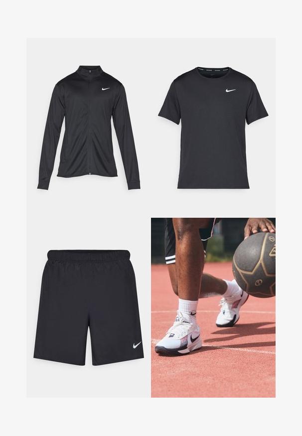 Zwarte sportjack met lange mouwen, kraag en volle rits. Voorzien van een subtiele Nike-logo in het wit op de bovenste linkerborst. Soepele textuur.; Zwarte Nike hardloop T-shirt gemaakt van lichtgewicht, ademend materiaal, met korte mouwen en een klein wit logo op de borst.; Zwarte sportshorts gemaakt van lichtgewicht materiaal met een elastische tailleband. Voorzien van een klein wit Nike-logo aan de onderzijde aan de linkerkant.; Witte sportschoenen met zwarte en rode accenten, met een gestructureerde bovenkant en een kenmerkend swoosh-logo, gedragen op een veld met een basketbal.