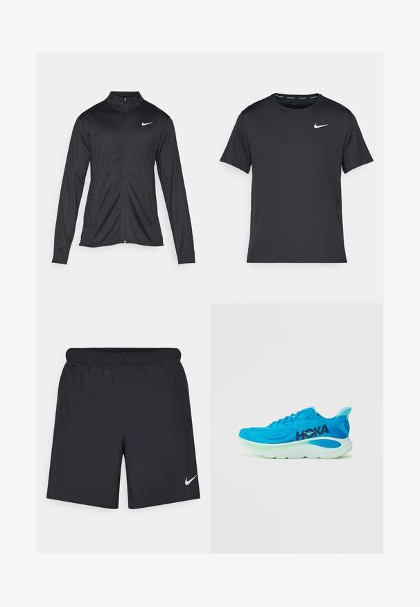 Svart idrottsjacka med långa ärmar, krage och full dragkedja. Har en diskret Nike-logga i vitt på övre vänstra bröstet. Slät yta.; Svart Nike löpeshirt i lätt, andningsbart material, med korta ärmar och en liten vit logotyp på bröstet.; Svarta träningsshorts gjorda av lätt material med elastisk midja. Har en liten vit Nike-logotyp på nedre vänstra sidan.; Lättviktig blå löparsko med nätovandel, vadderad krage och tjock vit sula med akvablå accenter och framträdande svart logotyp.