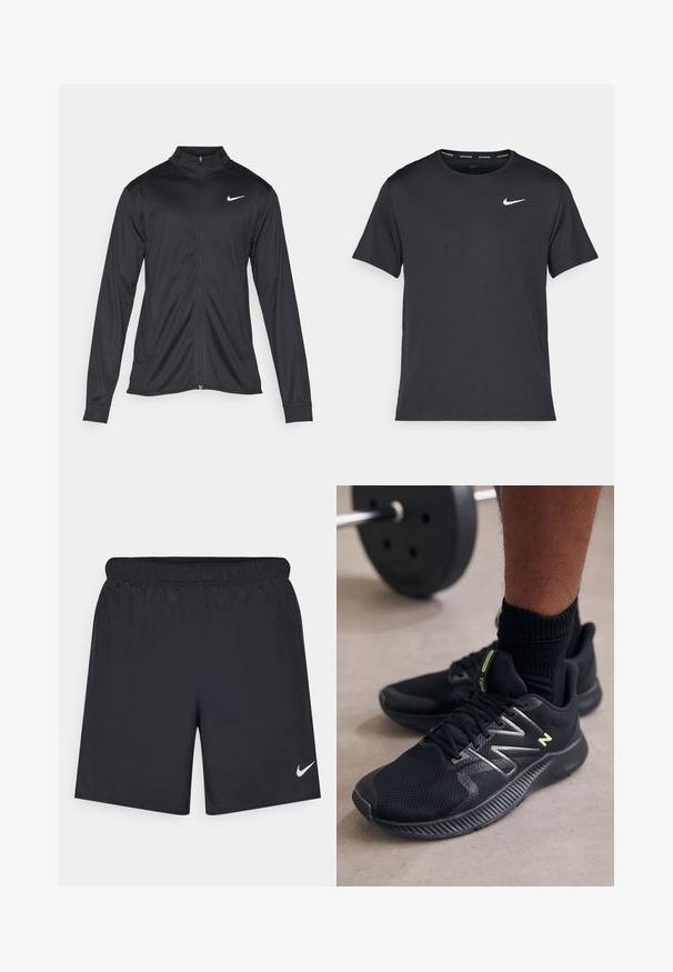 Black athletic jacket with long sleeves, collar, and full zipper. Features a subtle Nike logo in white on the upper left chest. Smooth texture.; Black Nike running T-shirt made of lightweight, breathable material, featuring short sleeves and a small white logo on the chest.; Black athletic shorts made of lightweight material with an elastic waistband. Features a small white Nike logo on the lower left side.; Black athletic shoes made of mesh and synthetic materials, featuring reflective accents and a rubber outsole with textured grip.