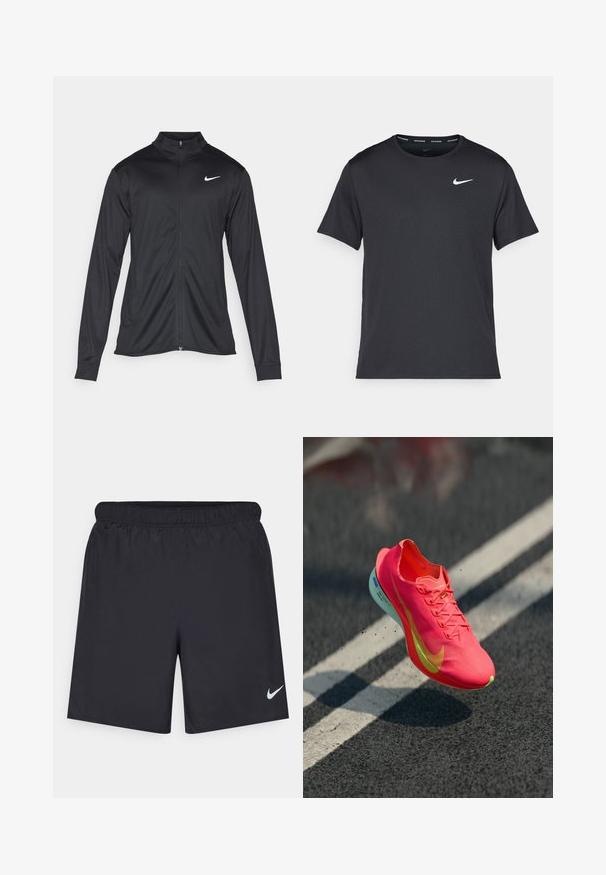 Melna sporta jaka ar garām piedurknēm, apkakli un pilnu rāvējslēdzēju. Uz kreisā krūts augšdaļas ir maigs Nike logo baltā krāsā. Gluda tekstūra.; Melna Nike skriešanas T-kreklā, kas izgatavots no viegla un elpojoša materiāla, ar īsām piedurknēm un mazu baltu logo uz krūtīm.; Melnas sporta šorti, izgatavoti no viegla materiāla, ar elastīgu jostu. Uz apakšējā kreisā stūra ir neliels balts Nike logo.; Spilgti rozā skriešanas apavi ar teksturētu virsu, dzelteniem akcentiem un vieglu zoli, kas nedaudz atsitās pret tumšu virsmu.