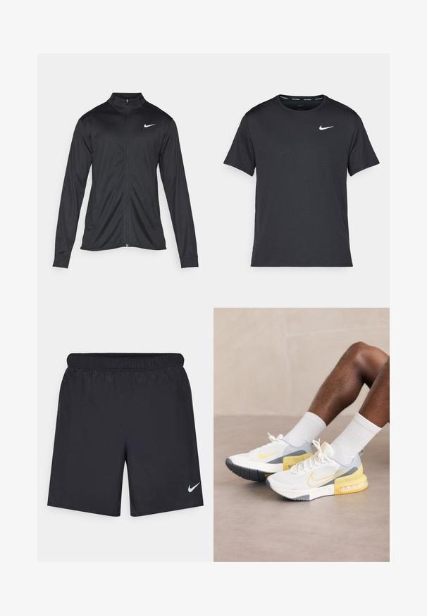 Giacca sportiva nera con maniche lunghe, colletto e zip completa. Presenta un logo Nike in bianco sulla parte superiore del lato sinistro del petto. Tessuto morbido.; Maglietta da corsa Nike nera realizzata in materiale leggero e traspirante, con maniche corte e un piccolo logo bianco sul petto.; Shorts sportivi neri realizzati in materiale leggero con vita elastica. Presentano un piccolo logo Nike bianco sul lato sinistro in basso.; Scarpe da ginnastica in rete bianca con accenti grigi e gialli, dotate di una suola testurizzata e di un distintivo logo Nike swoosh.