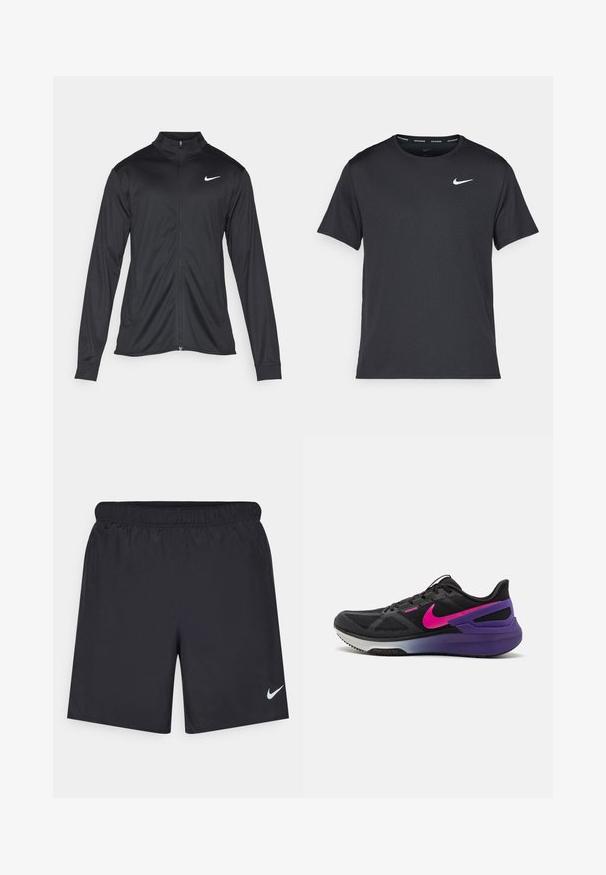 Melna sporta jaka ar garām piedurknēm, apkakli un pilnu rāvējslēdzēju. Uz kreisā krūts augšdaļas ir maigs Nike logo baltā krāsā. Gluda tekstūra.; Melna Nike skriešanas T-kreklā, kas izgatavots no viegla un elpojoša materiāla, ar īsām piedurknēm un mazu baltu logo uz krūtīm.; Melnas sporta šorti, izgatavoti no viegla materiāla, ar elastīgu jostu. Uz apakšējā kreisā stūra ir neliels balts Nike logo.; Melni sporta apavi ar teksturētu sietu augšdaļu, rozā Nike swoosh, purpura krāsas papēža akcenti un pelēka gumijas zole.