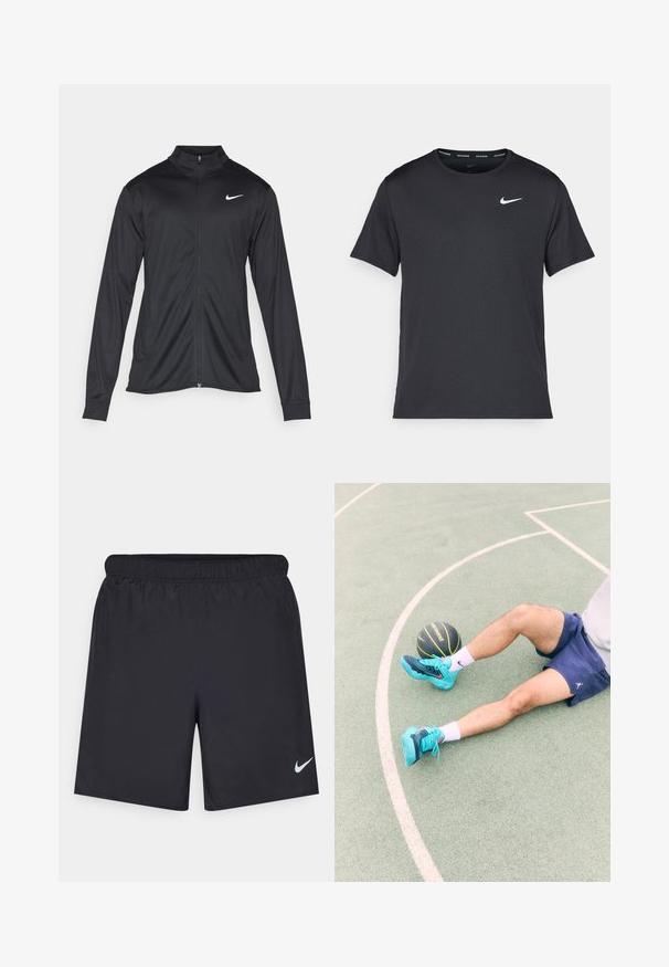 Chaqueta atlética negra con mangas largas, collar y cremallera completa. Presenta un sutil logo de Nike en blanco en la parte superior izquierda del pecho. Textura suave.; Camiseta de running negra de Nike, hecha de material ligero y transpirable, con mangas cortas y un pequeño logo blanco en el pecho.; Pantalones cortos deportivos negros hechos de un material ligero con una cintura elástica. Presenta un pequeño logo blanco de Nike en la parte inferior izquierda.; Zapatillas deportivas turquesas con acentos en negro y azul, pantalones cortos y calcetines blancos, sentadas en una pista verde con un balón de baloncesto negro cerca.