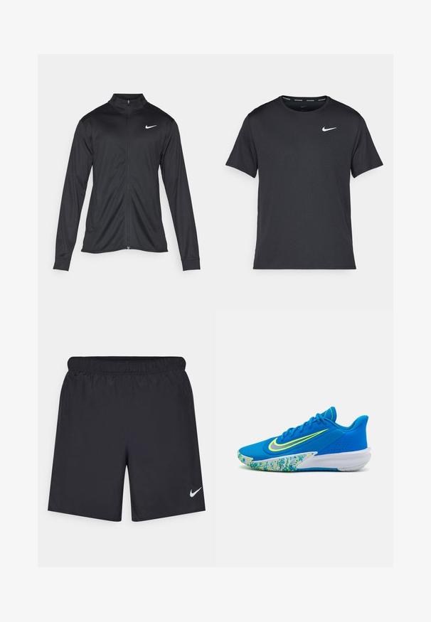 Giacca sportiva nera con maniche lunghe, colletto e zip completa. Presenta un logo Nike in bianco sulla parte superiore del lato sinistro del petto. Tessuto morbido.; Maglietta da corsa Nike nera realizzata in materiale leggero e traspirante, con maniche corte e un piccolo logo bianco sul petto.; Shorts sportivi neri realizzati in materiale leggero con vita elastica. Presentano un piccolo logo Nike bianco sul lato sinistro in basso.; Scarpa sportiva blu con tomaia texturizzata, dettagli giallo neon e suola decorata con tonalità di blu e verde. Design fluido e slanciato.