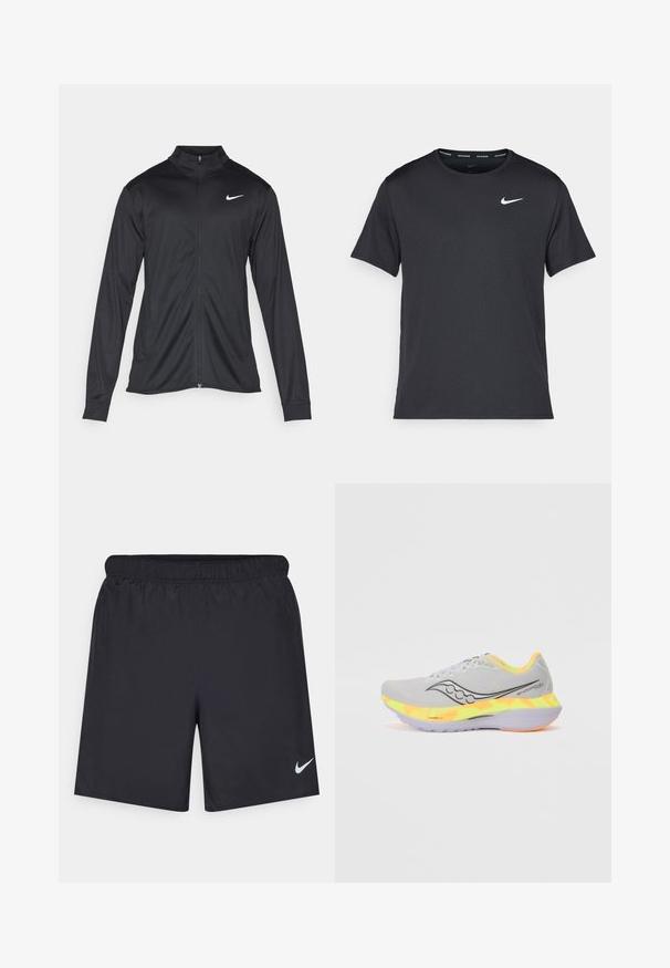 Musta urheilutakki pitkillä hihoilla, kauluksella ja kokonaisella vetoketjulla. Täydentää hienovarainen Nike-logo valkoisena vasemmassa ylärinnassa. Litteä pinta.; Musta Nike juoksupaita, joka on valmistettu kevyestä ja hengittävästä materiaalista. Paidassa on lyhyet hihnat ja pieni valkoinen logo rinnassa.; Mustat urheilushortsit, jotka on valmistettu kevyestä materiaalista ja joissa on joustava vyötärö. Alareunassa vasemmalla puolella on pieni valkoinen Nike-logo.; Vaaleanharmaat juoksukengät, joissa on verkkomateriaali päällä, musta logo ja värikäs kumiosa keltaisena ja oranssina. Kumipohja paremman pidon takaamiseksi.