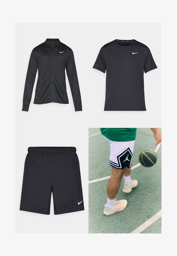 Černá sportovní bunda s dlouhými rukávy, límcem a plným zipem. Má decentní bílou logo značky Nike na horní levé části hrudi. Hladká textura.; Černé běžecké tričko Nike vyrobené z lehkého a prodyšného materiálu, s krátkými rukávy a malým bílým logem na hrudi.; Černé sportovní šortky vyrobené z lehkého materiálu s elastickým pasem. Na spodní levé straně mají malé bílé logo Nike.; Černo-bílé basketbalové šortky s diamantovým vzorem a logem. Světlé tenisky se spirálovým vzorem a akcentovými liniemi. Basketbal v pohybu.